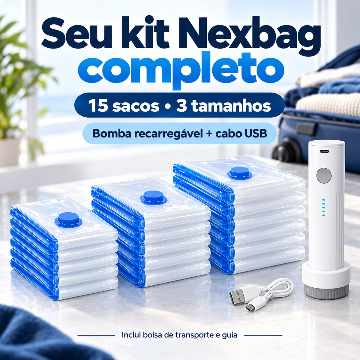 Itens que acompanham Kit 15 sacos a vácuo com bomba recarregável