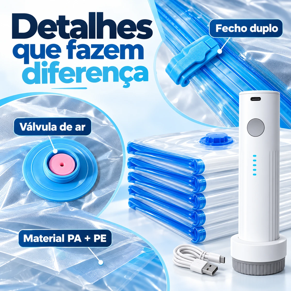 Detalhes de construção, materiais ou ajustes de Kit 15 sacos a vácuo com bomba recarregável