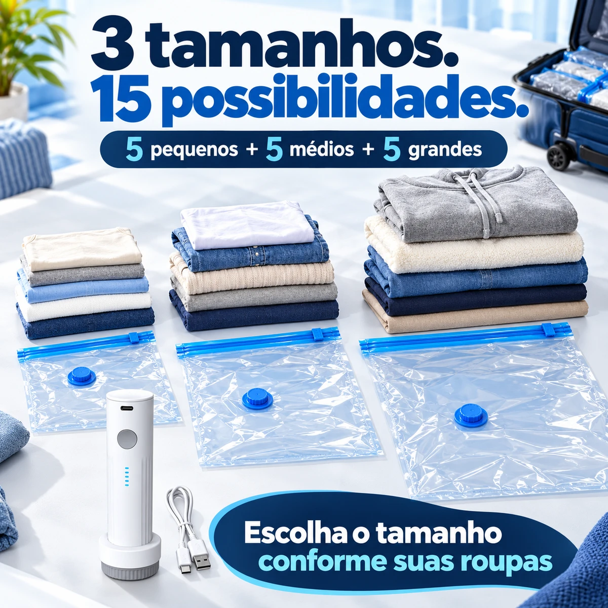 Medidas, capacidade ou compatibilidade de Kit 15 sacos a vácuo com bomba recarregável