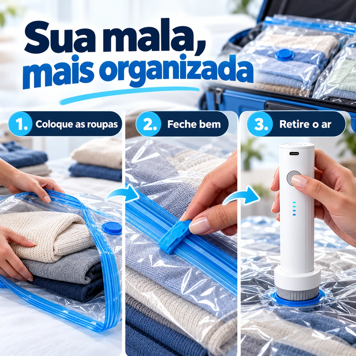 Como usar, transportar ou conservar Kit 15 sacos a vácuo com bomba recarregável